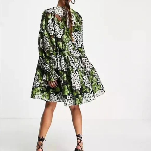 ASOS Black and Green Floral Lace Dress With Long Sleeve Captivating Sleeves - Picture 2 of 5
